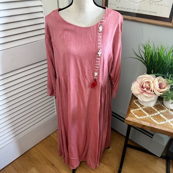 LA FILLE Womens Dress 5X Pink Long Sleeve Shift Midi Bohemian Festival Chic - Picture 1 of 13